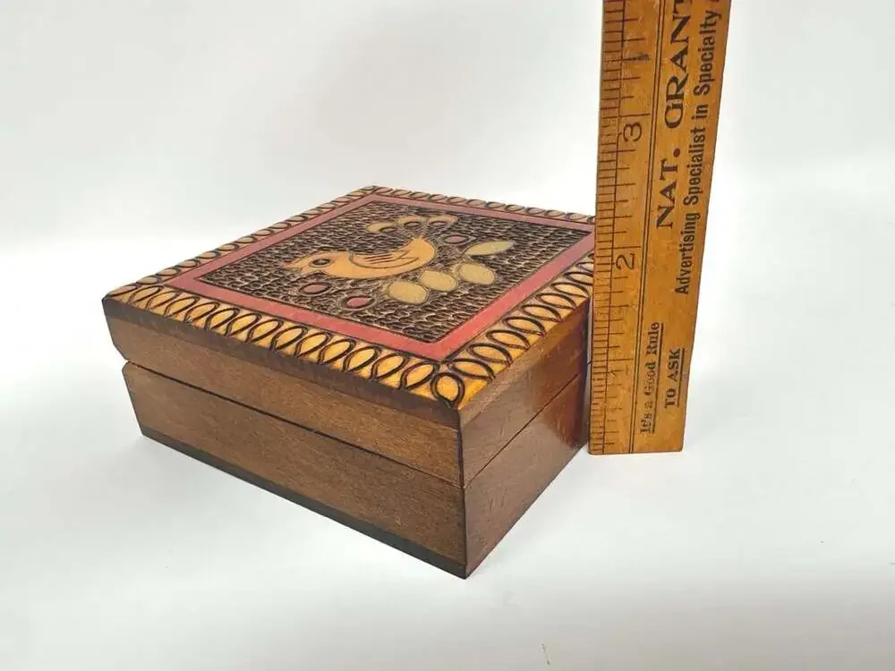 Mid-Century Polish Folk Art Wooden Bird Trinket Box from Poland vtg pyrography